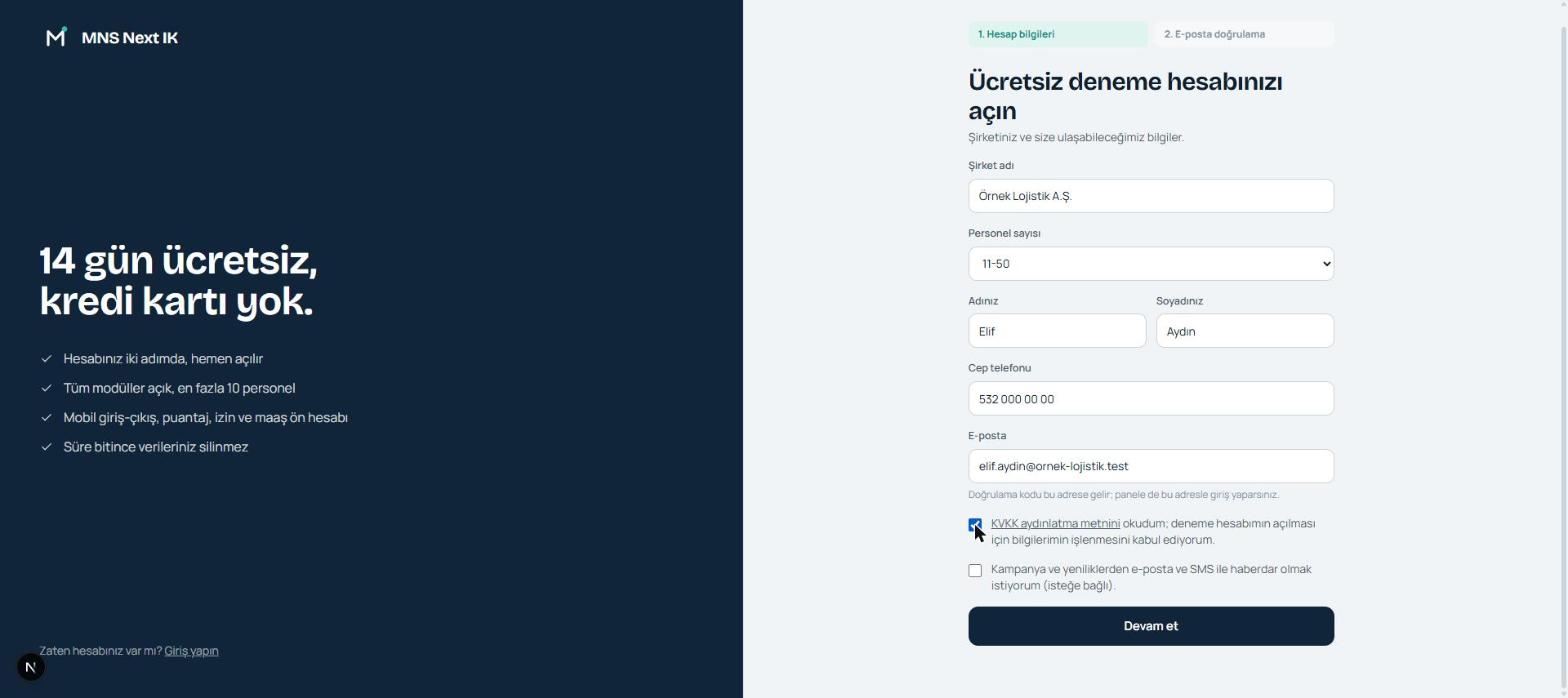 Deneme hesabı formu: şirket ve iletişim bilgileri