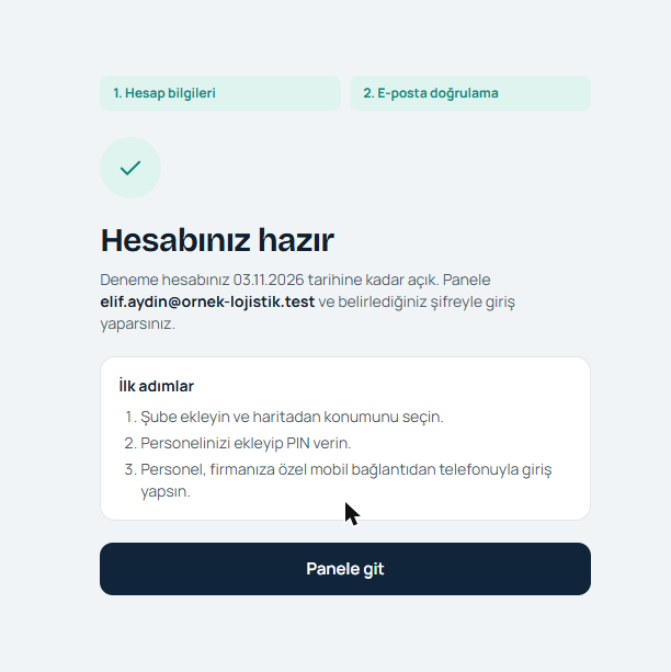Hesabınız hazır ekranı