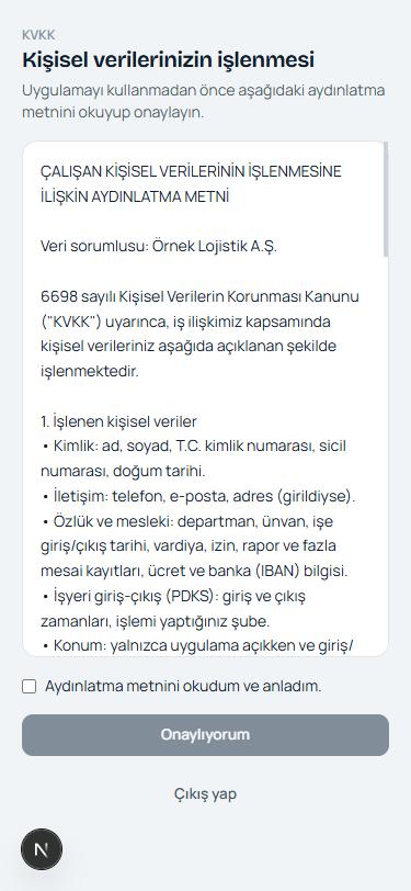 Mobil uygulamada KVKK onay ekranı
