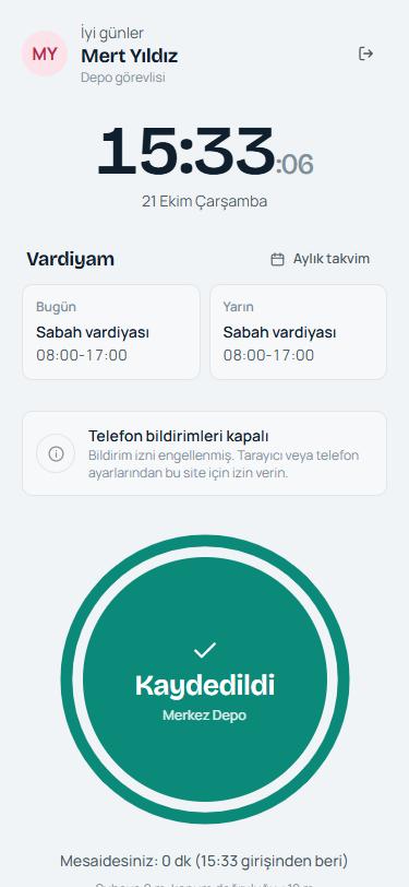Giriş kaydedildi ekranı