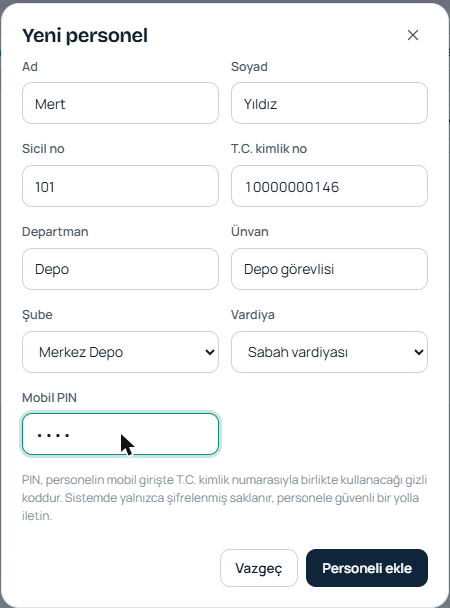Yeni personel penceresi
