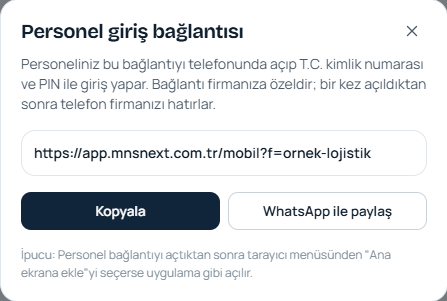 Personel giriş bağlantısı penceresi