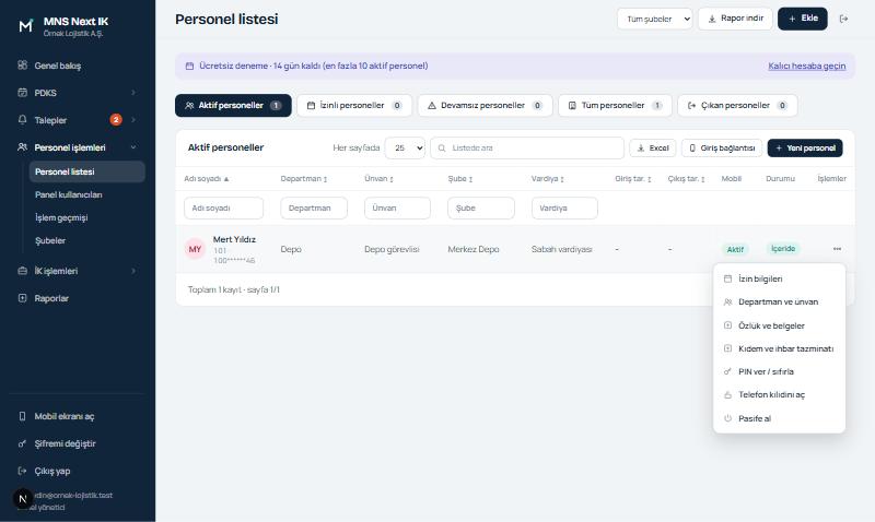 Personel satırındaki işlemler menüsü